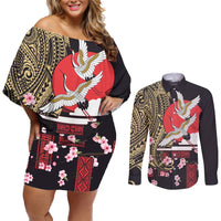 Japanese Culture and Hawaiian Tribal Couples Matching Off Shoulder Short Dress and Long Sleeve Button Shirt Sakura Blossom Tapa Pattern