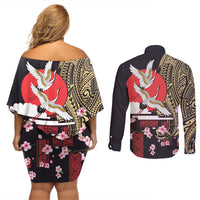 Japanese Culture and Hawaiian Tribal Couples Matching Off Shoulder Short Dress and Long Sleeve Button Shirt Sakura Blossom Tapa Pattern