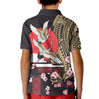 Japanese Culture and Hawaiian Tribal Kid Polo Shirt Sakura Blossom Tapa Pattern