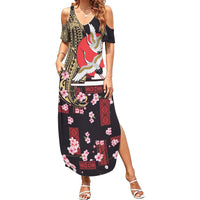 Japanese Culture and Hawaiian Tribal Summer Maxi Dress Sakura Blossom Tapa Pattern LT03 Women Black - Polynesian Pride