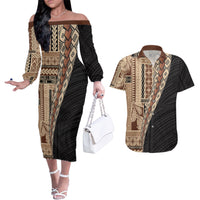 Samoa Siapo Motif Half Style Couples Matching Off The Shoulder Long Sleeve Dress and Hawaiian Shirt Brown Version