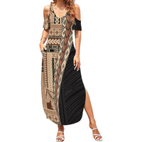 Samoa Siapo Motif Half Style Summer Maxi Dress Brown Version LT03 Women Brown - Polynesian Pride