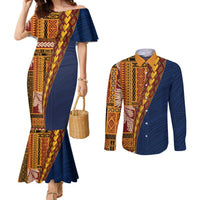 Samoa Siapo Motif Half Style Couples Matching Mermaid Dress and Long Sleeve Button Shirt Colorful Version LT03 Yellow - Polynesian Pride