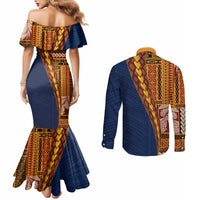 Samoa Siapo Motif Half Style Couples Matching Mermaid Dress and Long Sleeve Button Shirt Colorful Version LT03 - Polynesian Pride