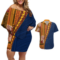 Samoa Siapo Motif Half Style Couples Matching Off Shoulder Short Dress and Hawaiian Shirt Colorful Version LT03 Yellow - Polynesian Pride