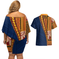 Samoa Siapo Motif Half Style Couples Matching Off Shoulder Short Dress and Hawaiian Shirt Colorful Version LT03 - Polynesian Pride