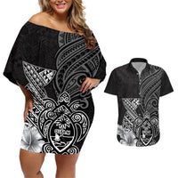 Guam Latte Stone Chamorro Culture Couples Matching Off Shoulder Short Dress and Hawaiian Shirt Tapa Pattern LT03 Black - Polynesian Pride