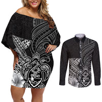 Guam Latte Stone Chamorro Culture Couples Matching Off Shoulder Short Dress and Long Sleeve Button Shirt Tapa Pattern LT03 Black - Polynesian Pride