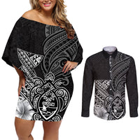 Guam Latte Stone Chamorro Culture Couples Matching Off Shoulder Short Dress and Long Sleeve Button Shirt Tapa Pattern LT03 Black - Polynesian Pride
