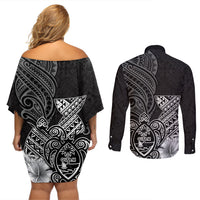 Guam Latte Stone Chamorro Culture Couples Matching Off Shoulder Short Dress and Long Sleeve Button Shirt Tapa Pattern LT03 - Polynesian Pride