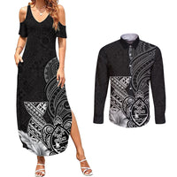 Guam Latte Stone Chamorro Culture Couples Matching Summer Maxi Dress and Long Sleeve Button Shirt Tapa Pattern LT03 Black - Polynesian Pride