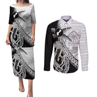 Guam Fish Hook and Palm Tree Couples Matching Puletasi and Long Sleeve Button Shirt Polynesian Pattern Half Style LT03 White - Polynesian Pride