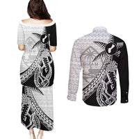 Guam Fish Hook and Palm Tree Couples Matching Puletasi and Long Sleeve Button Shirt Polynesian Pattern Half Style LT03 - Polynesian Pride