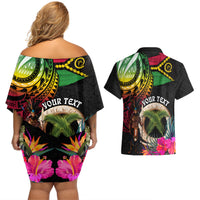 Personalised Vanuatu 44th Anniversary Couples Matching Off Shoulder Short Dress and Hawaiian Shirt Boars Tusk and Melanesian Warrior Indipendens Dei