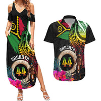 Personalised Vanuatu 44th Anniversary Couples Matching Summer Maxi Dress and Hawaiian Shirt Boars Tusk and Melanesian Warrior Indipendens Dei