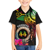 Personalised Vanuatu 44th Anniversary Family Matching Off The Shoulder Long Sleeve Dress and Hawaiian Shirt Boars Tusk and Melanesian Warrior Indipendens Dei