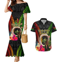 Vanuatu Independence Day Couples Matching Mermaid Dress and Hawaiian Shirt Boars Tusk and Melanesian Warrior Indipendens Dei LT03 Black - Polynesian Pride