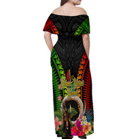 Vanuatu Independence Day Off Shoulder Maxi Dress Boars Tusk and Melanesian Warrior Indipendens Dei LT03 - Polynesian Pride