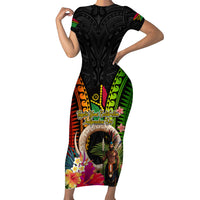 Vanuatu Independence Day Short Sleeve Bodycon Dress Boars Tusk and Melanesian Warrior Indipendens Dei