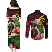 Vanuatu Indipendens Dei Couples Matching Puletasi and Long Sleeve Button Shirt Boars Tusk and Melanesian Warrior Hibiscus LT03 - Polynesian Pride