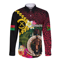 Vanuatu Indipendens Dei Long Sleeve Button Shirt Boars Tusk and Melanesian Warrior Hibiscus