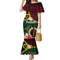 Vanuatu Indipendens Dei Mermaid Dress Boars Tusk and Melanesian Warrior Hibiscus LT03 Women Black - Polynesian Pride