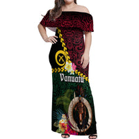 Vanuatu Indipendens Dei Off Shoulder Maxi Dress Boars Tusk and Melanesian Warrior Hibiscus LT03 Women Black - Polynesian Pride