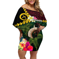 Vanuatu Indipendens Dei Off Shoulder Short Dress Boars Tusk and Melanesian Warrior Hibiscus LT03 Women Black - Polynesian Pride