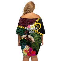 Vanuatu Indipendens Dei Off Shoulder Short Dress Boars Tusk and Melanesian Warrior Hibiscus LT03 - Polynesian Pride