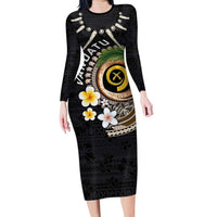 Vanuatu Independence Day Long Sleeve Bodycon Dress Melanesian Tribal Pig Tusk with Tropical Plants
