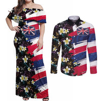 Hawaiian Flag Day Couples Matching Off Shoulder Maxi Dress and Long Sleeve Button Shirt Tropical Flowers and Leaves LT03 Black - Polynesian Pride