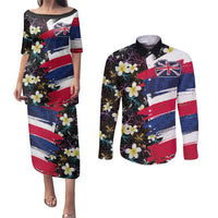 Hawaiian Flag Day Couples Matching Puletasi and Long Sleeve Button Shirt Tropical Flowers and Leaves LT03 Black - Polynesian Pride