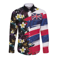 Hawaiian Flag Day Long Sleeve Button Shirt Tropical Flowers and Leaves LT03 Unisex Black - Polynesian Pride