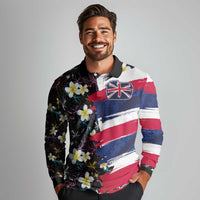 Hawaiian Flag Day Long Sleeve Polo Shirt Tropical Flowers and Leaves