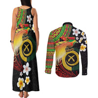 Vanuatu and Papua New Guinea Together Couples Matching Tank Maxi Dress and Long Sleeve Button Shirt Bird-of-paradise and Pig Tusk Melanesian Pattern
