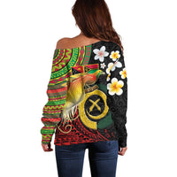 Vanuatu and Papua New Guinea Together Off Shoulder Sweater Bird-of-paradise and Pig Tusk Melanesian Pattern