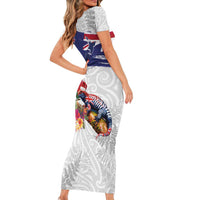 New Zealand Christmas Family Matching Short Sleeve Bodycon Dress and Hawaiian Shirt Meri Kirihimete-Tuatara and Pohutukawa White Color