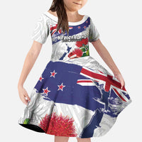 New Zealand Christmas Kid Short Sleeve Dress Meri Kirihimete-Tuatara and Pohutukawa White Color