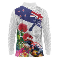 New Zealand Christmas Long Sleeve Polo Shirt Meri Kirihimete-Tuatara and Pohutukawa White Color