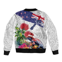 New Zealand Christmas Sleeve Zip Bomber Jacket Meri Kirihimete-Tuatara and Pohutukawa White Color