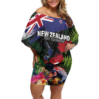 New Zealand Christmas Family Matching Off Shoulder Short Dress and Hawaiian Shirt Meri Kirihimete-Tuatara and Pohutukawa Black Color