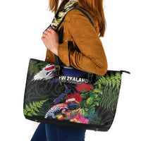 New Zealand Christmas Leather Tote Bag Meri Kirihimete-Tuatara and Pohutukawa Black Color