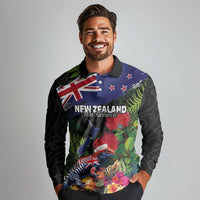 New Zealand Christmas Long Sleeve Polo Shirt Meri Kirihimete-Tuatara and Pohutukawa Black Color