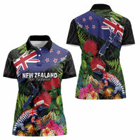 New Zealand Christmas Women Polo Shirt Meri Kirihimete-Tuatara and Pohutukawa Black Color