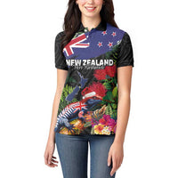 New Zealand Christmas Women Polo Shirt Meri Kirihimete-Tuatara and Pohutukawa Black Color