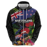 New Zealand Christmas Zip Hoodie Meri Kirihimete-Tuatara and Pohutukawa Black Color