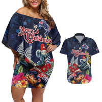 Australia and New Zealand Couples Matching Off Shoulder Short Dress and Hawaiian Shirt Merry Christmas-Tuatara and Koala with Plants Xmas Style