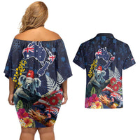 Australia and New Zealand Couples Matching Off Shoulder Short Dress and Hawaiian Shirt Merry Christmas-Tuatara and Koala with Plants Xmas Style