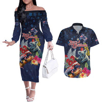 Australia and New Zealand Couples Matching Off The Shoulder Long Sleeve Dress and Hawaiian Shirt Merry Christmas-Tuatara and Koala with Plants Xmas Style
