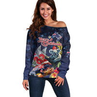 Australia and New Zealand Off Shoulder Sweater Merry Christmas-Tuatara and Koala with Plants Xmas Style